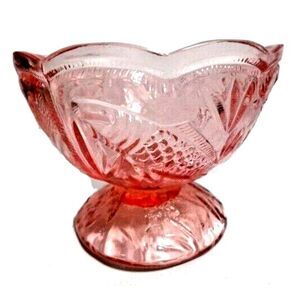 Floral and Fish Pink Glass Bowl Depression Style Candy Nut Dish Trinket Holder